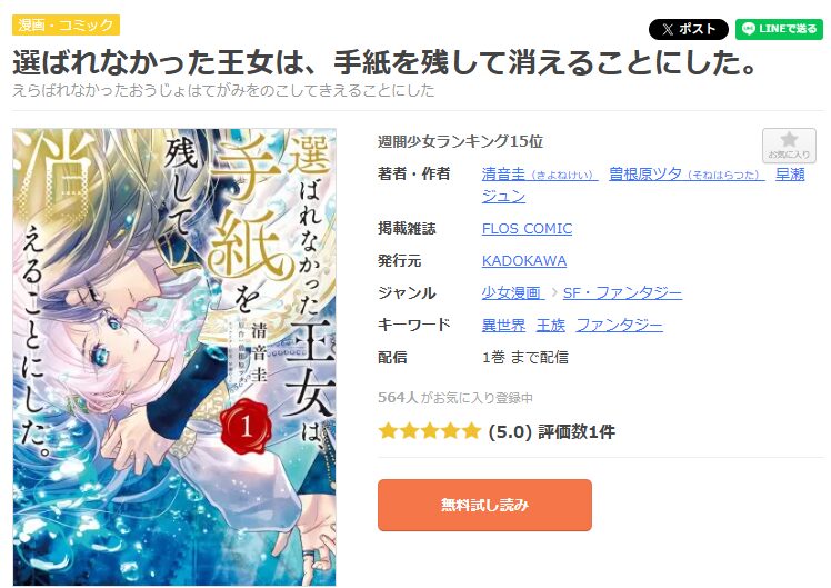 まんが王国-選ばれなかった王女は、手紙を残して消えることにした。